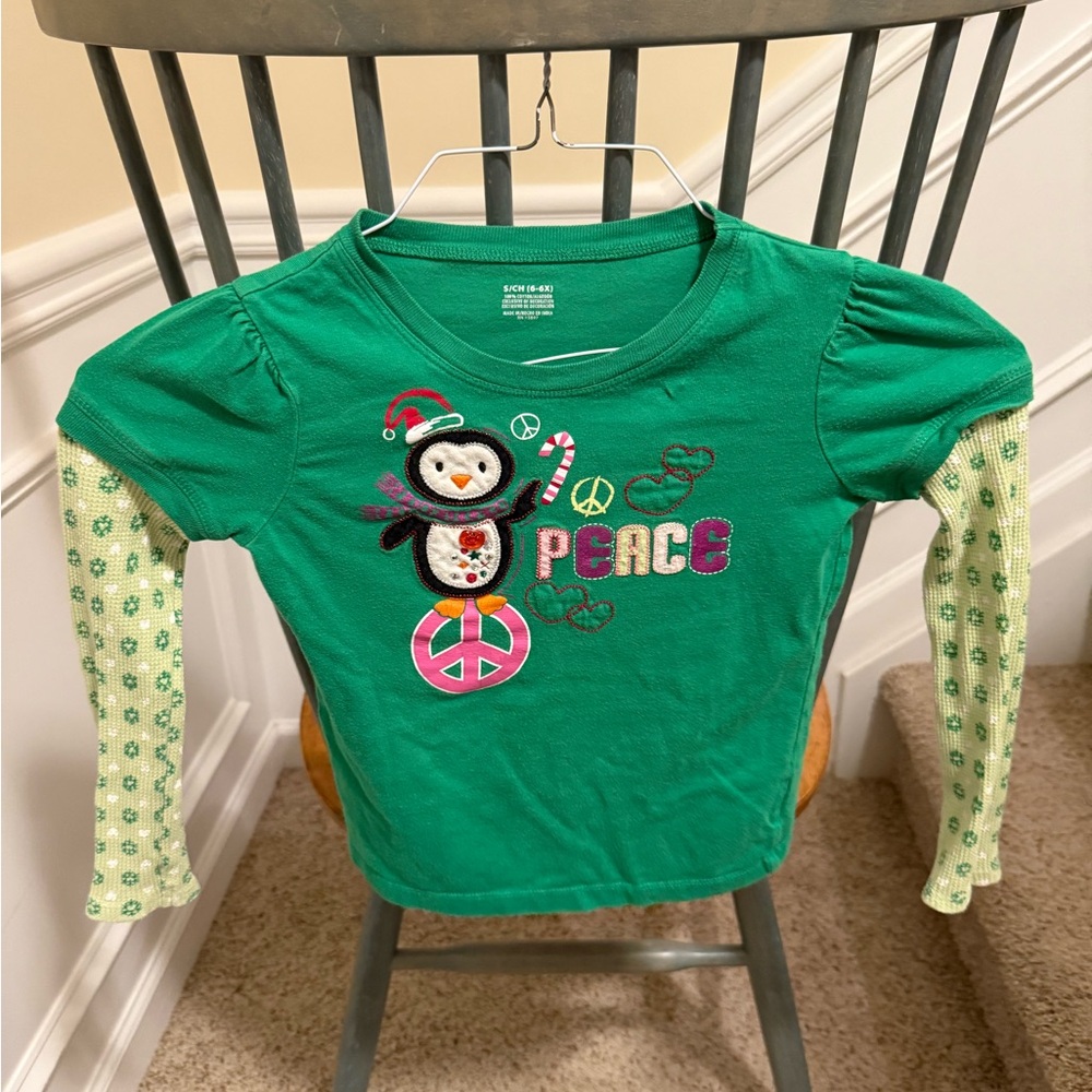 Green Long Sleeve Kids Tee with Christmas Penguin and Peace Design
